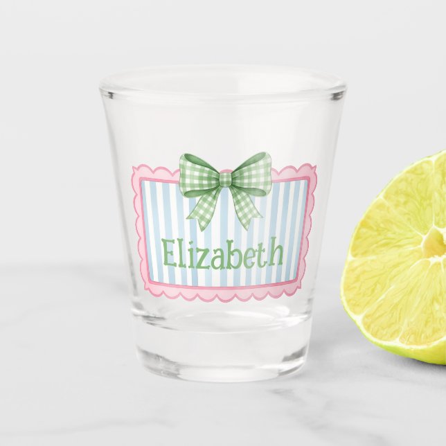 Pink and Blue Frame With Green Gingham Bow Shot Glass (Front)