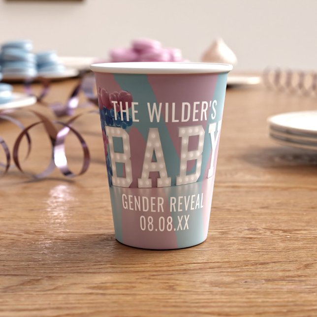 Pink and Blue Gender Reveal Baby Shower Paper Cups (Pink and blue gender reveal party paper cup just for you. Add your name)