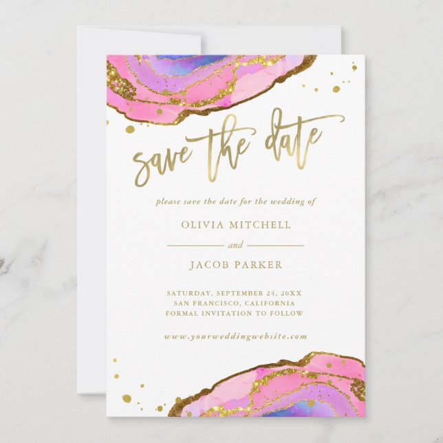 Pink and Blue Geode and Gold | Save the Date (Front)