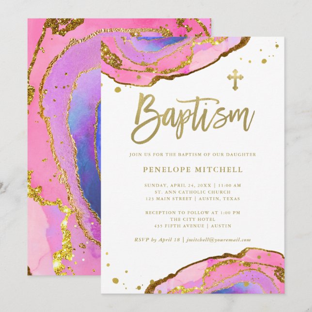 Pink and Blue Geode with Gold Cross | Baptism Invitation (Front/Back)