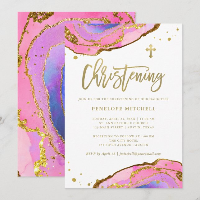 Pink and Blue Geode with Gold Cross | Christening Invitation (Front/Back)