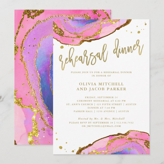 Pink and Blue Geode with Gold | Rehearsal Dinner Invitation (Front/Back)