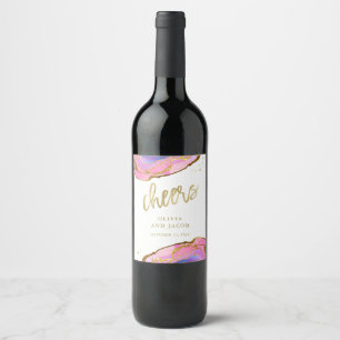 Pink and Blue Geode with Gold   Wedding Cheers Wine Label