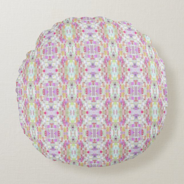 Pink and Blue Geometric Abstraction Round Pillow (Front)