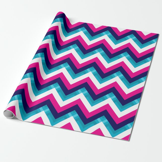 Pink and Blue Geometric Chevron Pattern Wrapping Paper (Unrolled)