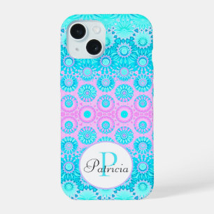 Pink and Blue Geometric Flowers Custom Monogram iPhone 15 Case