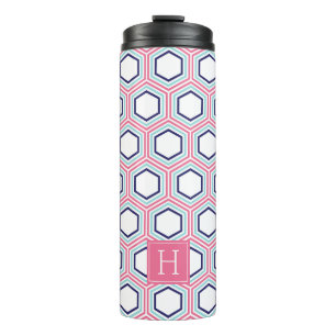 Pink and Blue Geometric Pattern and Monogram Thermal Tumbler