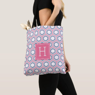 Pink and Blue Geometric Pattern and Monogram Tote Bag