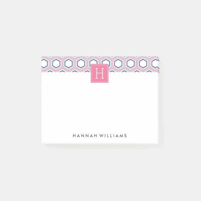 Pink and Blue Geometric Pattern Monogram Post-it Notes (Front)