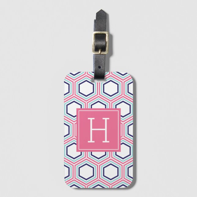 Pink and Blue Geometric Pattern Monogrammed Luggage Tag (Front Vertical)
