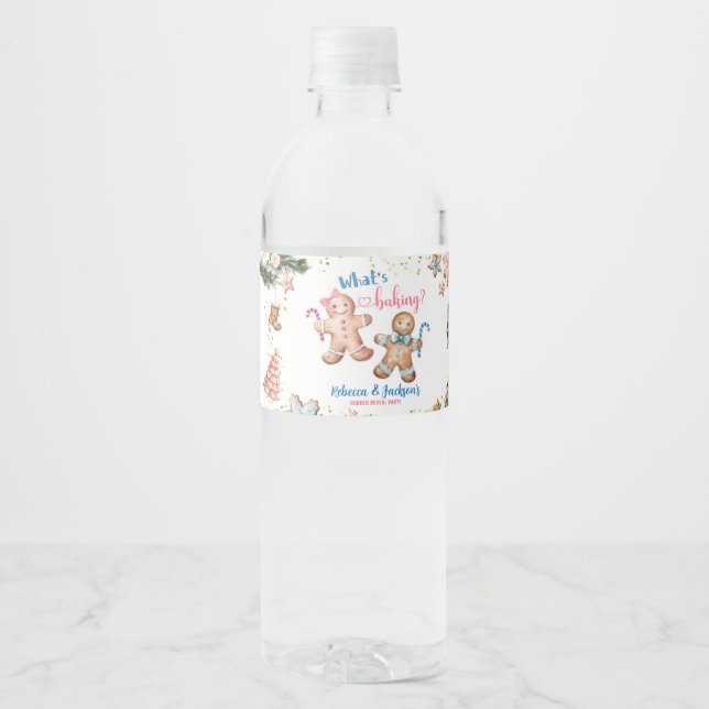 Pink and Blue Gingerbread Cookies Gender Reveal  Water Bottle Label (Front)