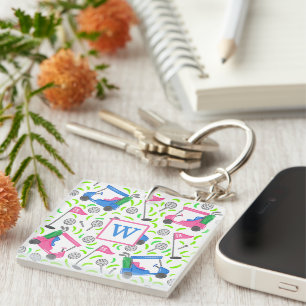 Pink and Blue Golf Cart Pattern Preppy Monogram Keychain