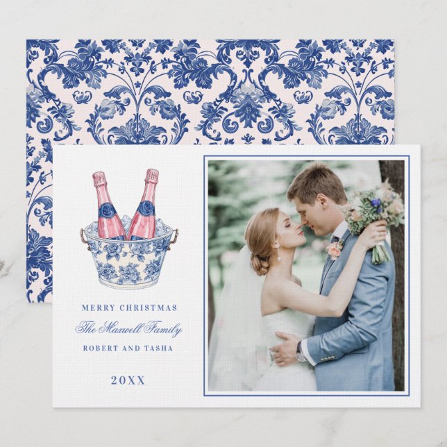 Pink and Blue Grandmillennial Champagne Wedding Invitation (Front/Back)