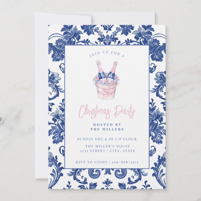 Pink and Blue Grandmillennial Damask Champagne Invitation (Front)