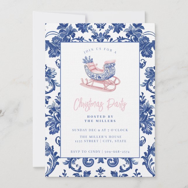 Pink and Blue Grandmillennial Damask Sleigh Invitation (Front)