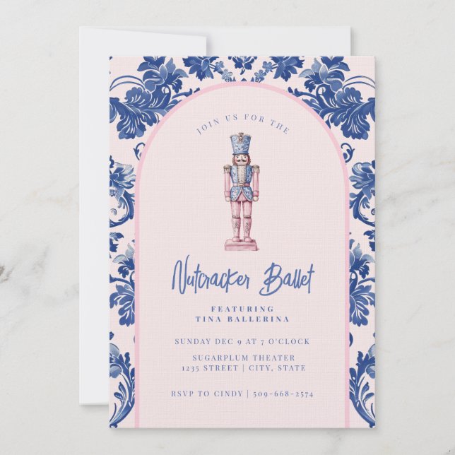 Pink and Blue Grandmillennial Nutcracker Ballet Invitation (Front)