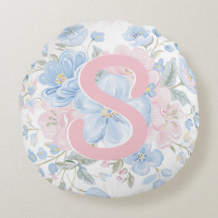 Pink and Blue Grandmillennial Reversible Monogram Round Pillow