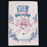 Pink and Blue Grandmillennial Snowman Medium Gift Bag<br><div class="desc">This Christmas design has a preppy grandmillennial design featuring a Snowman with a blue hat and a pink bow. You can personalize with a name.</div>