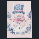Pink and Blue Grandmillennial Snowman Medium Gift Bag<br><div class="desc">This Christmas design has a preppy grandmillennial design featuring a Snowman with a blue hat and a pink bow. You can personalize with a name.</div>