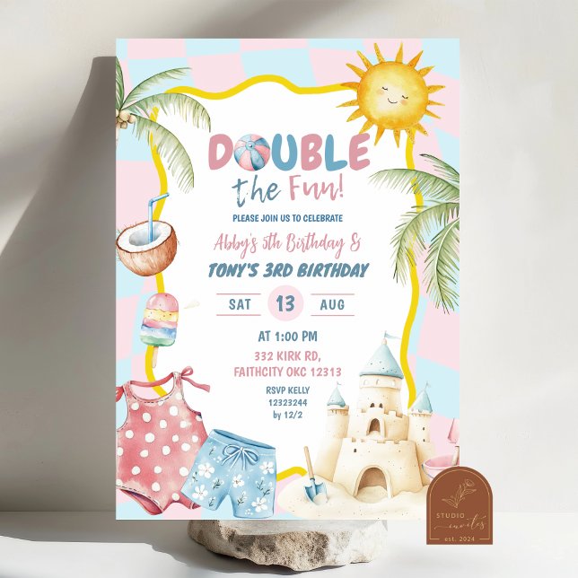 Pink and Blue Groovy Pastel Sibling Beach Birthday Invitation (Creator Uploaded)