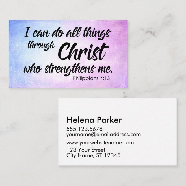 Pink and Blue Grunge Philippians 4:13 Scripture Business Card (Front/Back)