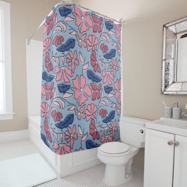 Pink and Blue Hand Drawn Floral Block Print (In Situ)