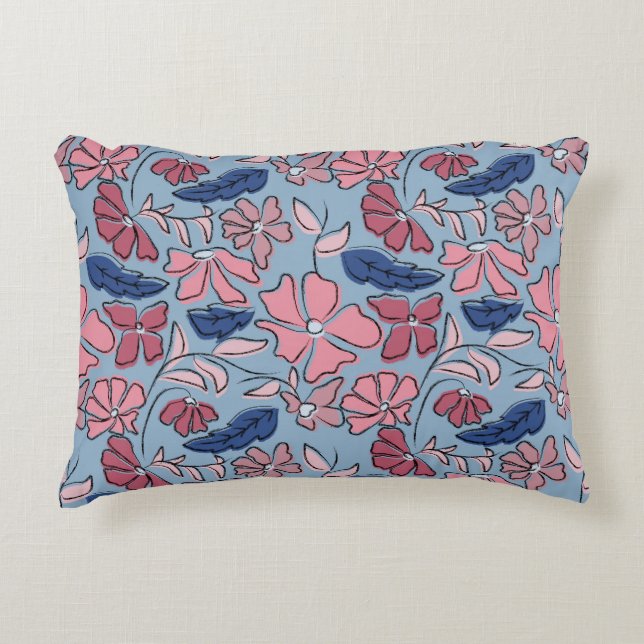 Pink and Blue Hand Drawn Floral Block Print Accent Pillow (Front)