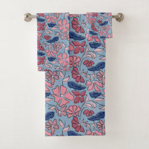 Pink and Blue Hand Drawn Floral Block Print Bath Towel Set