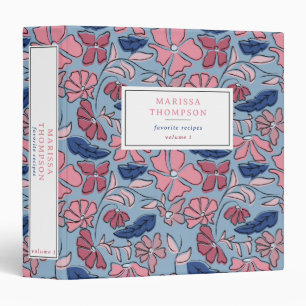 Pink and Blue Hand Drawn Floral Block Print Binder