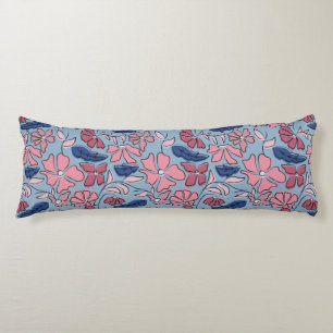 Pink and Blue Hand Drawn Floral Block Print Body Pillow