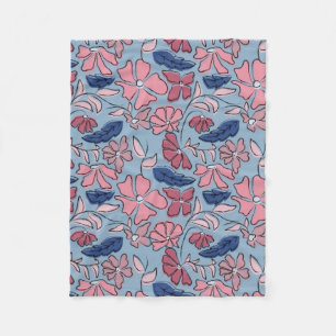 Pink and Blue Hand Drawn Floral Block Print Fleece Blanket