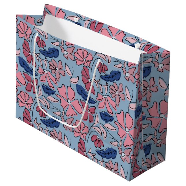 Pink and Blue Hand Drawn Floral Block Print Large Gift Bag (Front Angled)