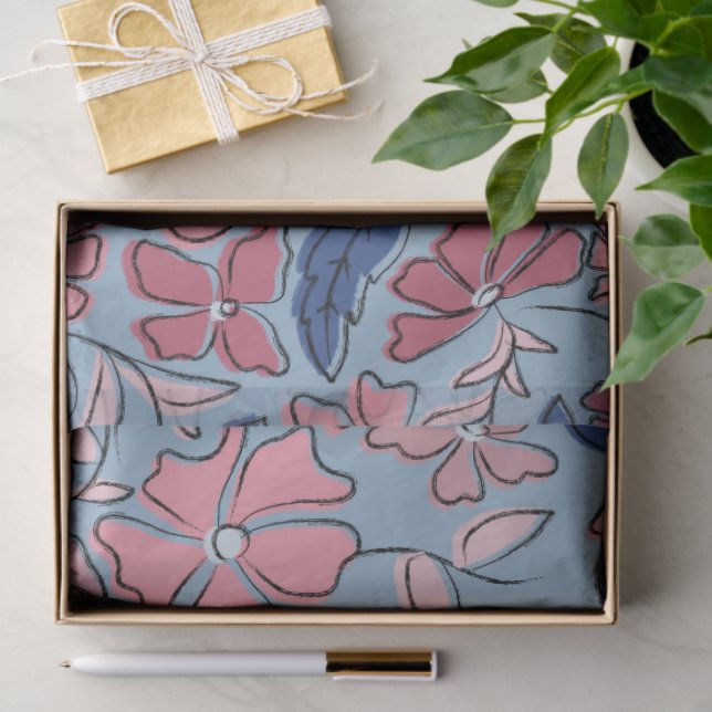 Pink and Blue Hand Drawn Floral Block Print Tissue Paper (Gift)