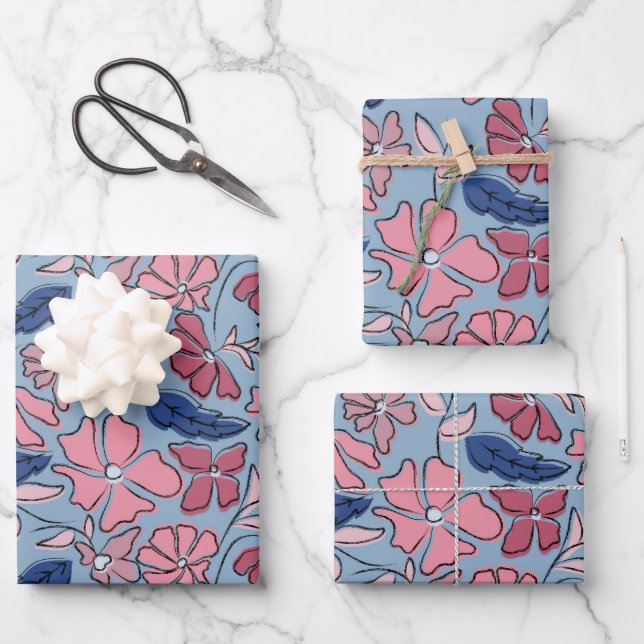 Pink and Blue Hand Drawn Floral Block Print Wrapping Paper Sheet (Front)