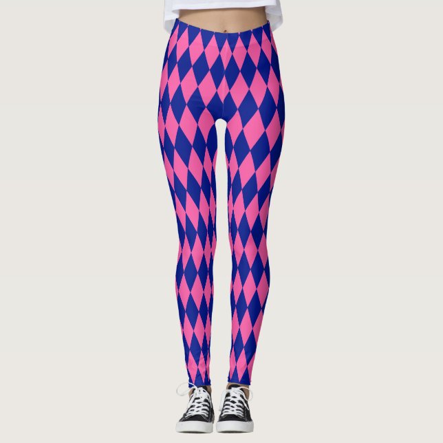Pink and Blue Harlequin Checkered Design  Leggings (Front)
