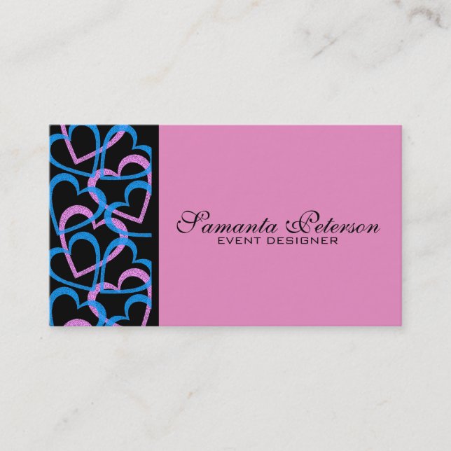 Pink And Blue Hearts Abstract Pattern Business Card (Front)