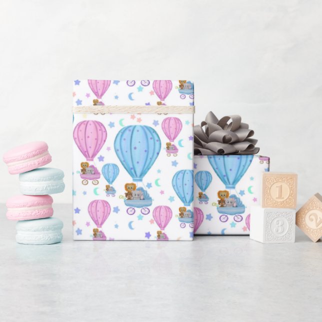 Pink And Blue Hot Air Balloon Cute Animals  Wrapping Paper (Baby Shower)
