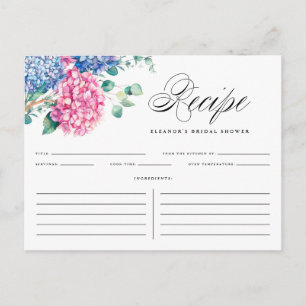 Pink and Blue Hydrangeas Bridal Shower Recipe Card