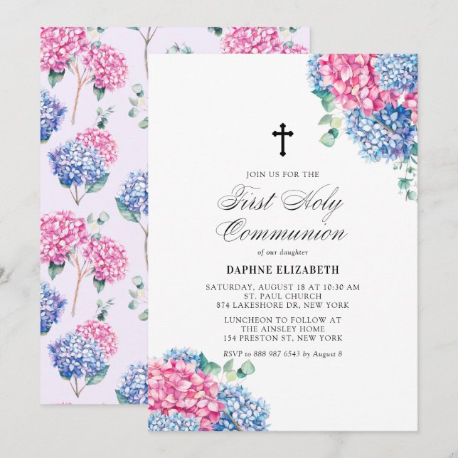 Pink and Blue Hydrangeas First Holy Communion Invitation (Front/Back)