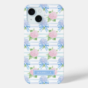 Pink and Blue Hydrangeas Striped iPhone 15 Case