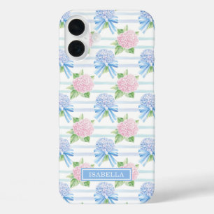 Pink and Blue Hydrangeas Striped iPhone 16 Plus Case
