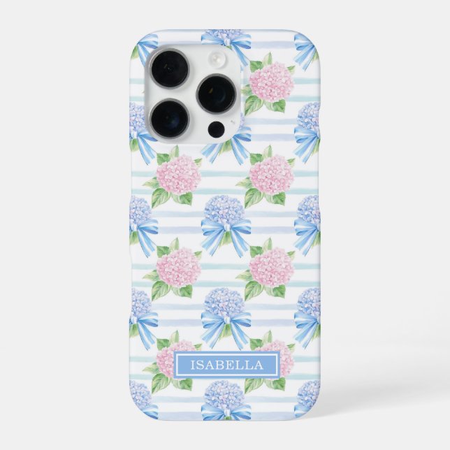 Pink and Blue Hydrangeas Striped iPhone Case (Back)