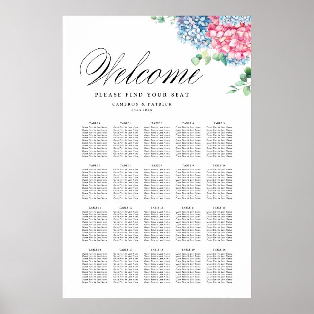 Pink and Blue Hydrangeas Wedding Seating Chart (Front)