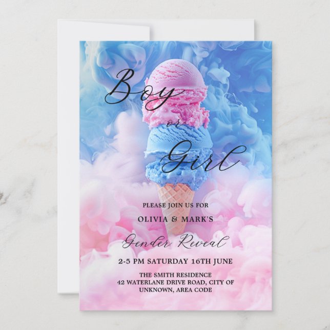 Pink and Blue Ice Cream Scoop Smoke Gender Reveal Invitation (Front)