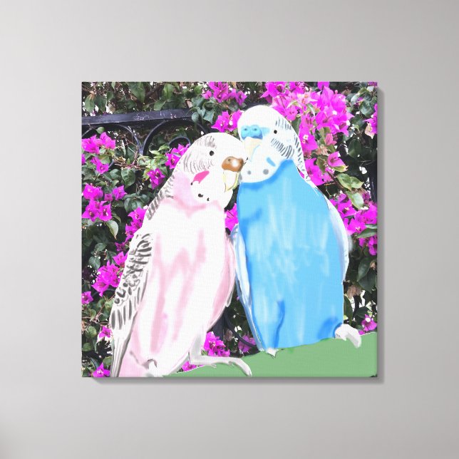 Pink and Blue Kissing Budgies and Bougainvillea Canvas Print (Front)