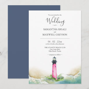 Pink and Blue Lighthouse Beach Destination Wedding Invitation