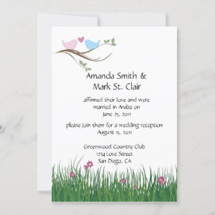 Pink and Blue Lovebirds Wedding Reception Only Invitation