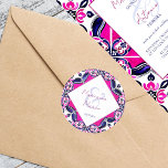 Pink and blue Mexican tiles wedding Classic Round Sticker<br><div class="desc">Pink and blue Mexican Spanish Talavera tiles wedding template stickers bride and groom names stickers</div>