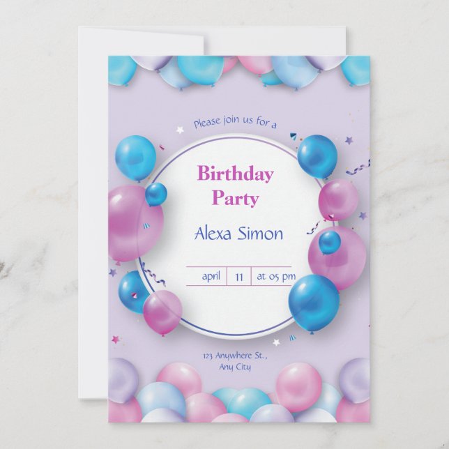 Pink and Blue Modern Birthday Party Invitation (Front)