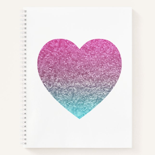 Pink and Blue Modern Pastel Sequin Heart Notebook (Front)